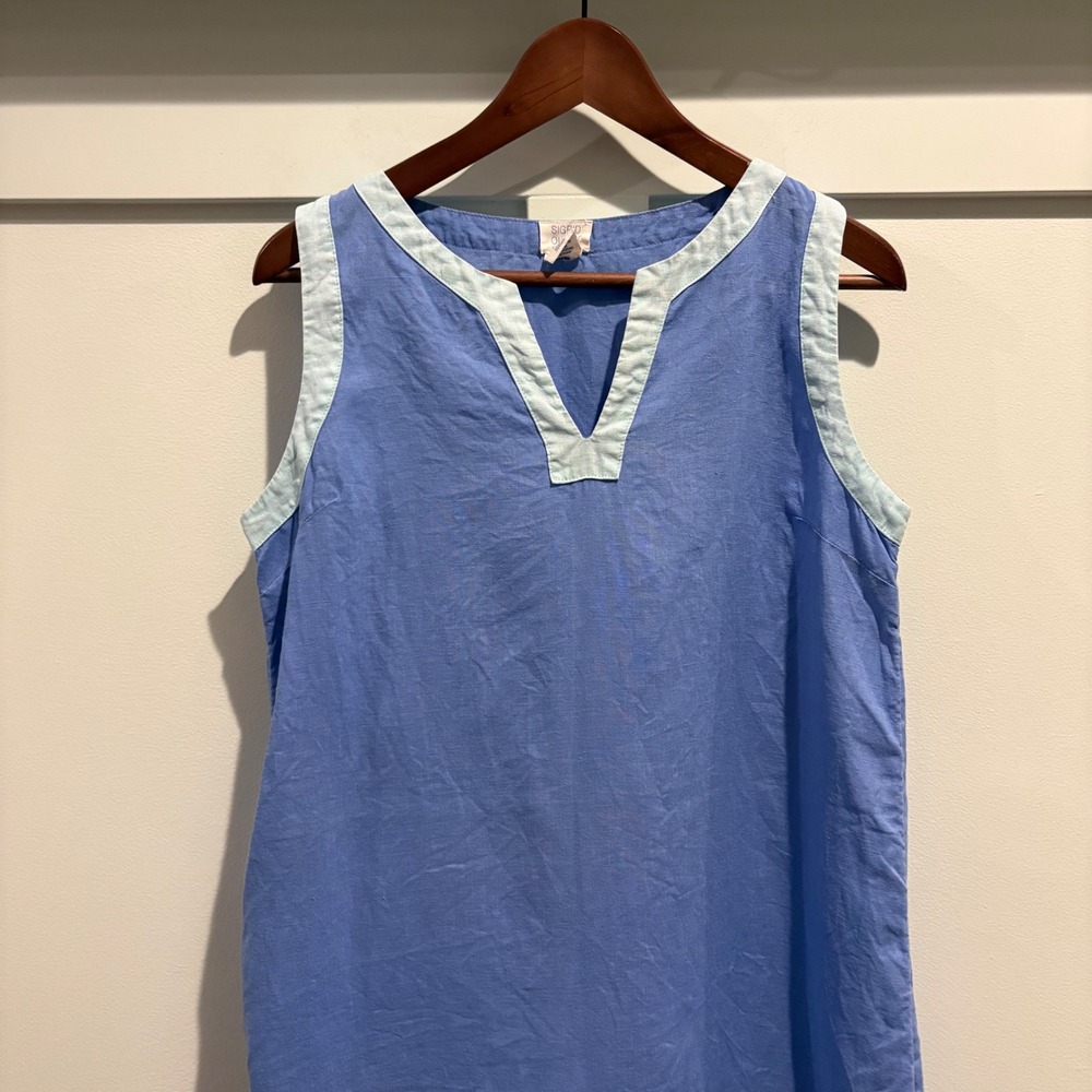 Sigrid Olsen Linen Shift Dress Womens Small Blue Sleeveless V-Neck Contrast Trim - Picture 4 of 11